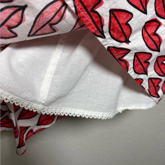 Anthropologie Red Smooch Dress. All Over Red Lip Design. Button Front. Pockets. - Picture 4 of 16